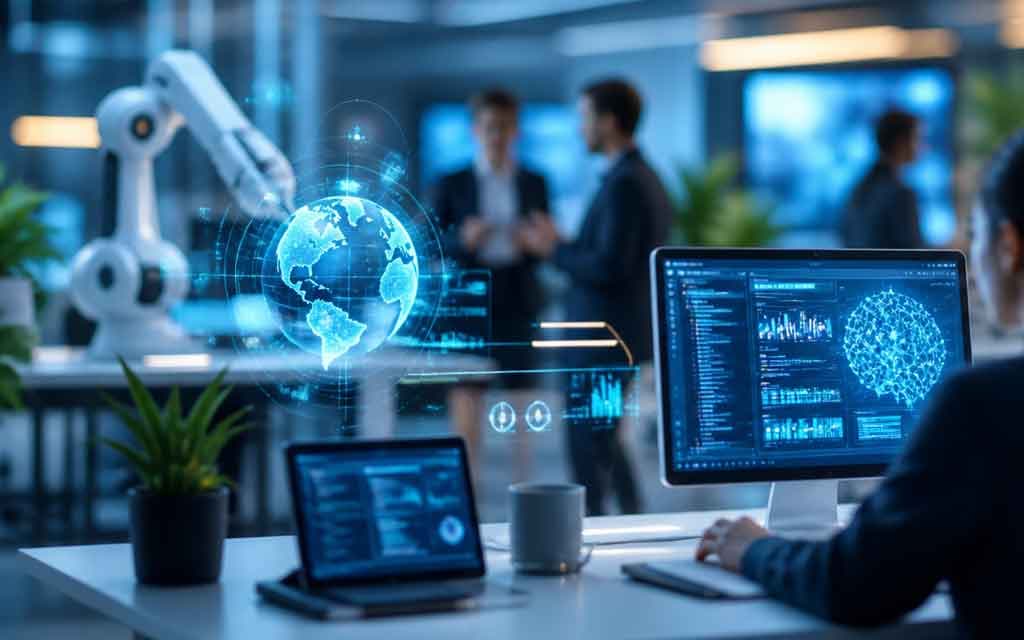 Concept illustration of future-proof tech careers with AI collaboration, cybersecurity, and cloud computing roles.