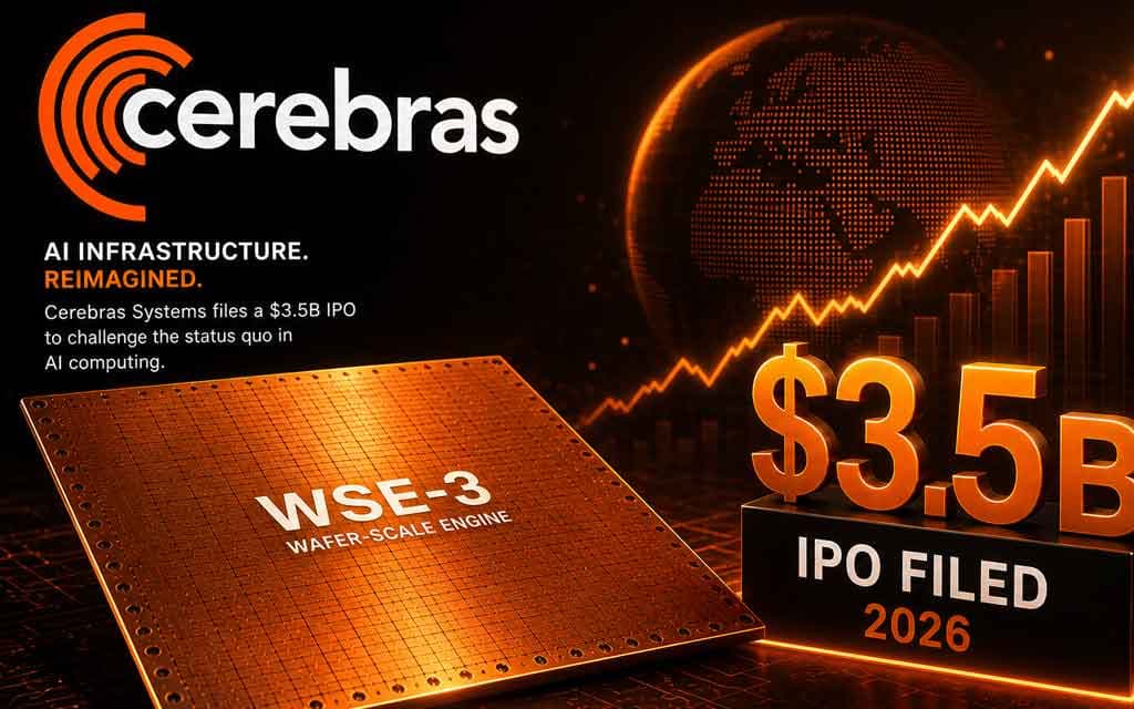 Cerebras wafer-scale AI chip WSE-3 showing massive semiconductor design used for AI training and inference.
