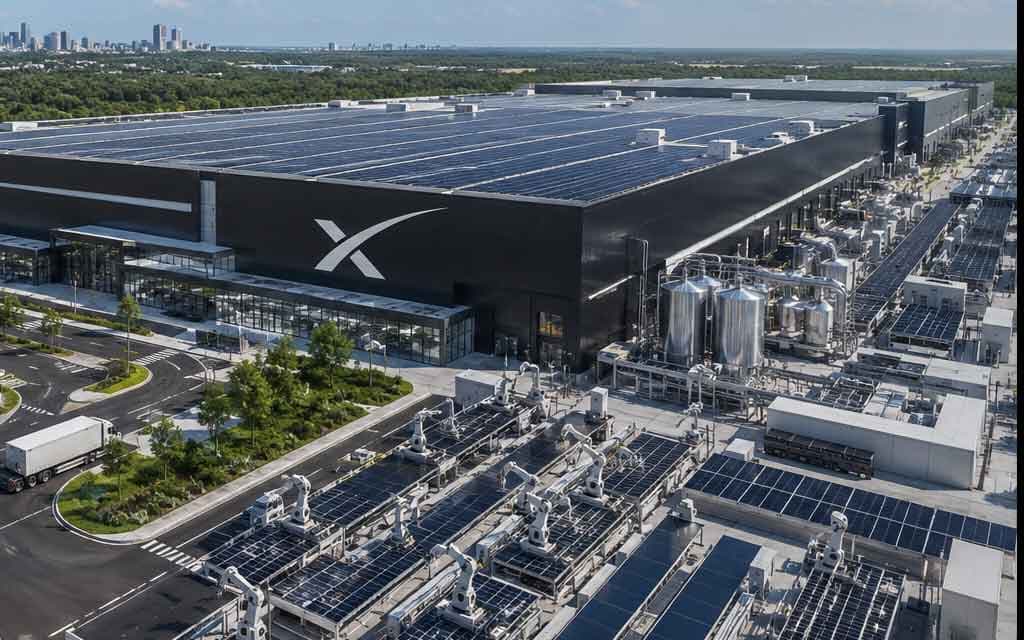 Massive futuristic SpaceX solar manufacturing facility in Texas powering orbital AI data centers with advanced solar panels, satellites, AI infrastructure, and renewable energy systems