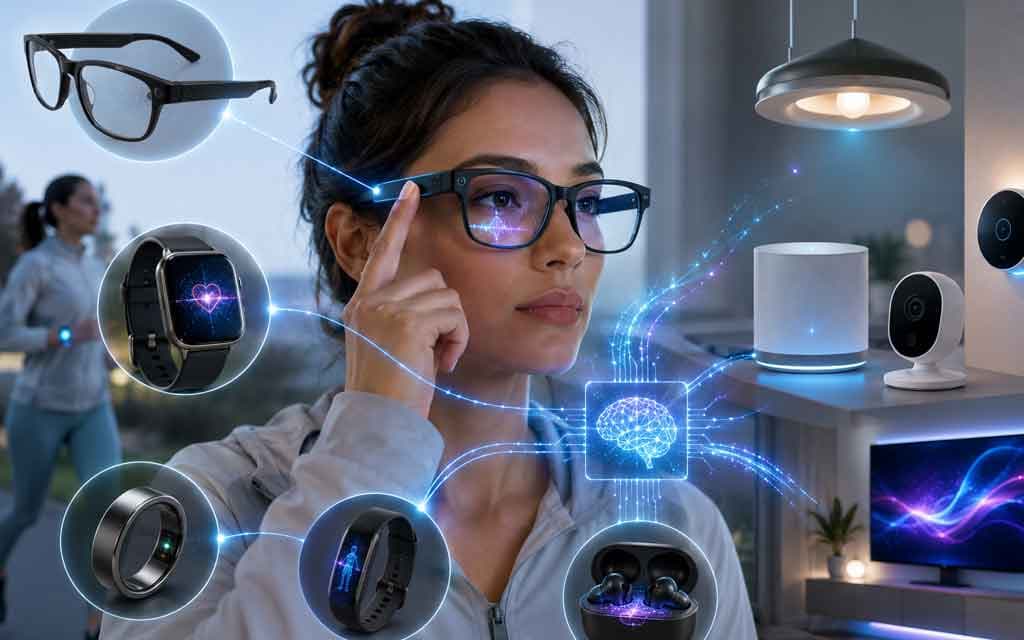 Illustration of on-device AI powering smart wearables, smart glasses, health trackers, and connected smart home devices in 2026