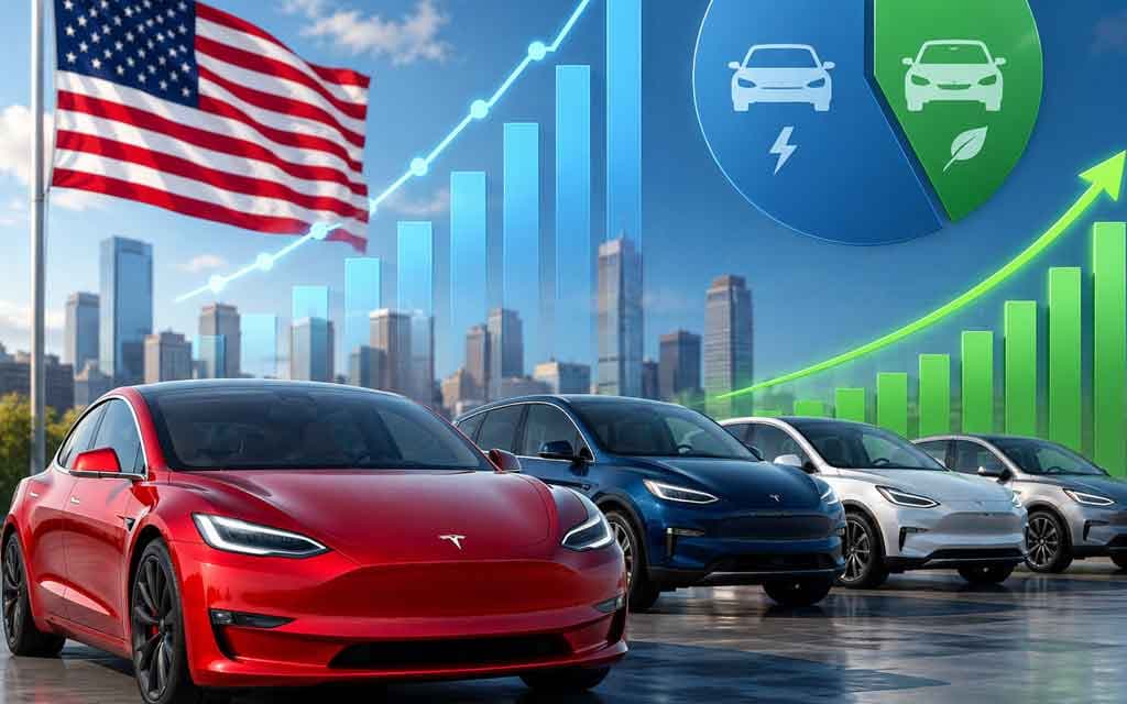 Electric vehicles and hybrid cars displayed with market growth charts representing June 2026 US auto sales trends