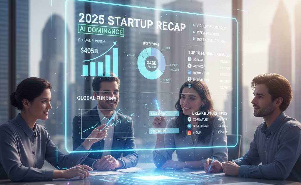 2025 startup recap highlighting biggest funding rounds, breakthrough IPOs, unicorns, and AI dominance