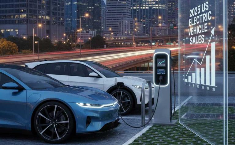 2025 US electric vehicle sales showing month-by-month trends, Q3 surge, and Q4 post-tax-credit decline