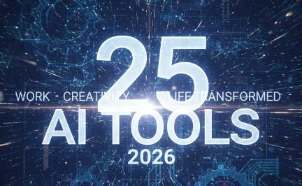 Futuristic illustration showing multiple AI tools for work, video creation, coding, music, marketing, and daily life in 2026