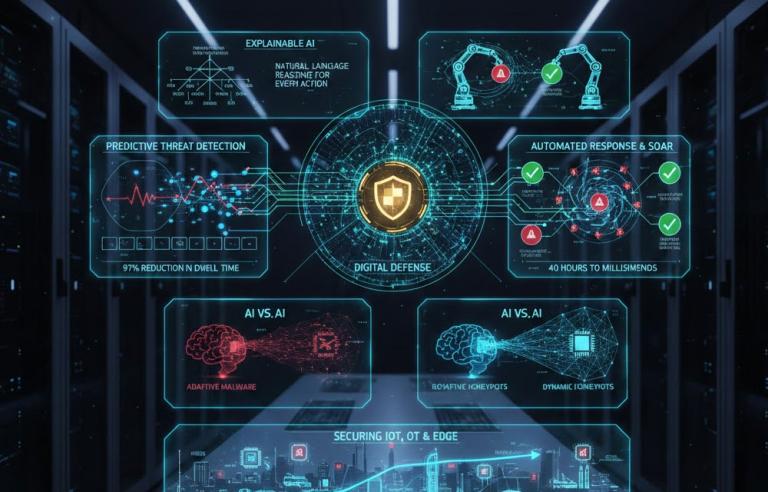 Explore the future of digital defense. This infographic summarizes how AI is transforming cybersecurity in 2025, covering predictive detection, automated response, the AI vs. AI arms race, and securing IoT/Edge networks.