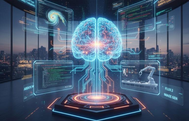 November 2025 AI acceleration, showing a glowing neon brain connected to screens displaying code, a galaxy, a robotic arm, and key innovations like GPT-5.1 Adaptive Thinking, Claude Opus 4.5 Agentic Loops, and Optical AI Computing