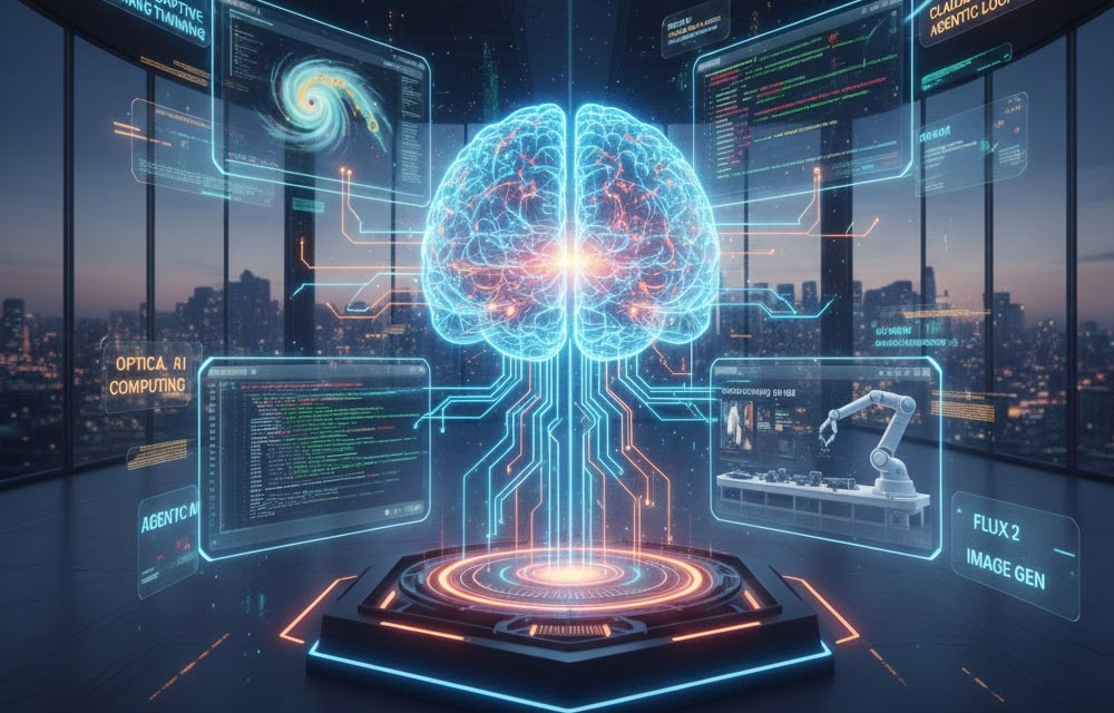 November 2025 AI acceleration, showing a glowing neon brain connected to screens displaying code, a galaxy, a robotic arm, and key innovations like GPT-5.1 Adaptive Thinking, Claude Opus 4.5 Agentic Loops, and Optical AI Computing