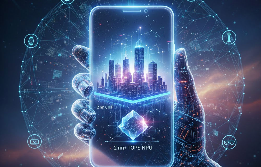 Digital neural network overlay emerging from a smartphone, representing edge AI inference in 2026