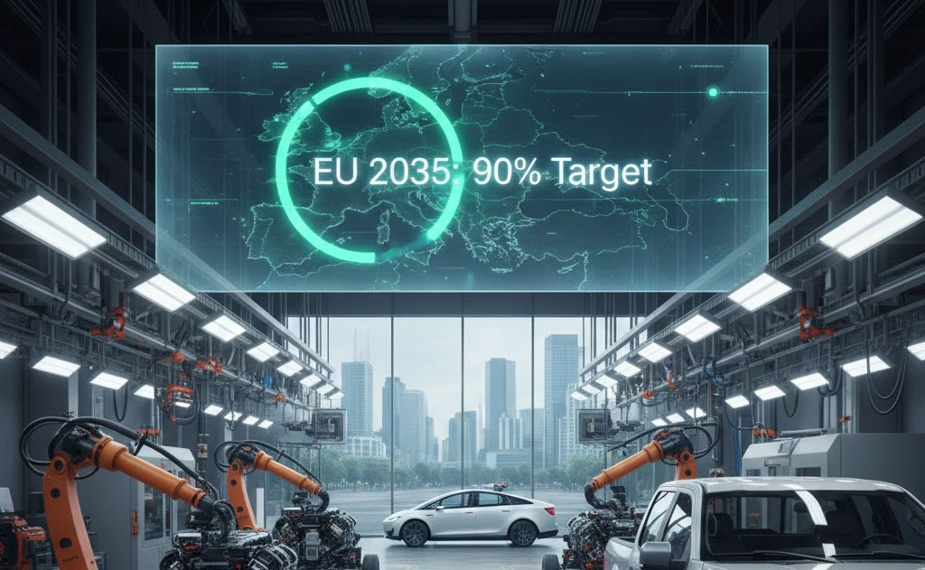 Ford and Tesla vehicles symbolize the 2025 EV industry reset as automakers pivot to hybrids and autonomous driving