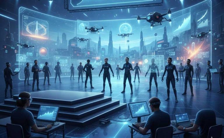 Futuristic illustration showing AI transforming Hollywood filmmaking with virtual actors, generative film production, and digital studios in 2026