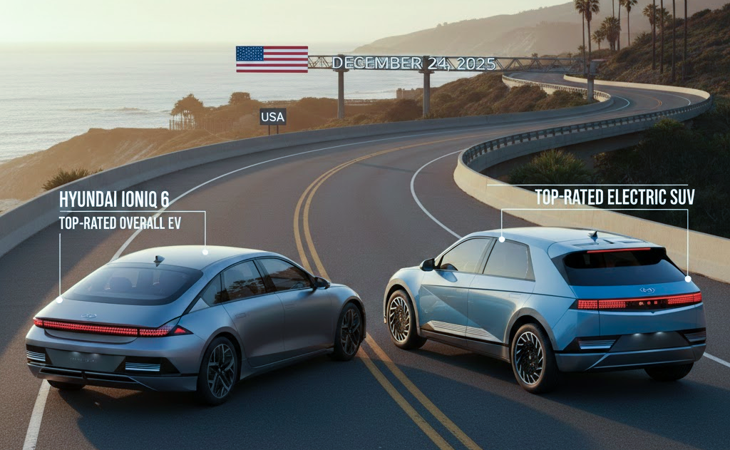 Top-rated electric vehicles of 2025 in the USA including Tesla, Hyundai, Chevrolet, and Lucid models