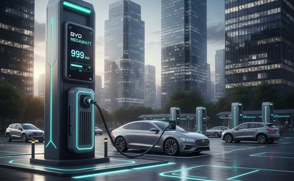 BYD Han L EV charging at a megawatt-level Super e-Platform station, adding 250 miles of range in 5 minutes.