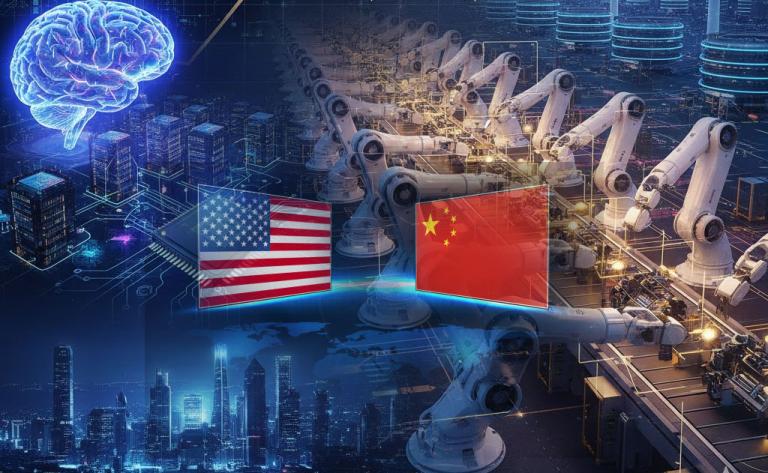 China’s real-world AI deployment in 2025, showing smart cities, AI-powered traffic systems, and intelligent factories outperforming US innovation