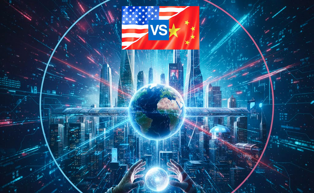 China vs USA future technologies comparison showing EVs, AI, quantum computing, renewables, and semiconductors in 2025