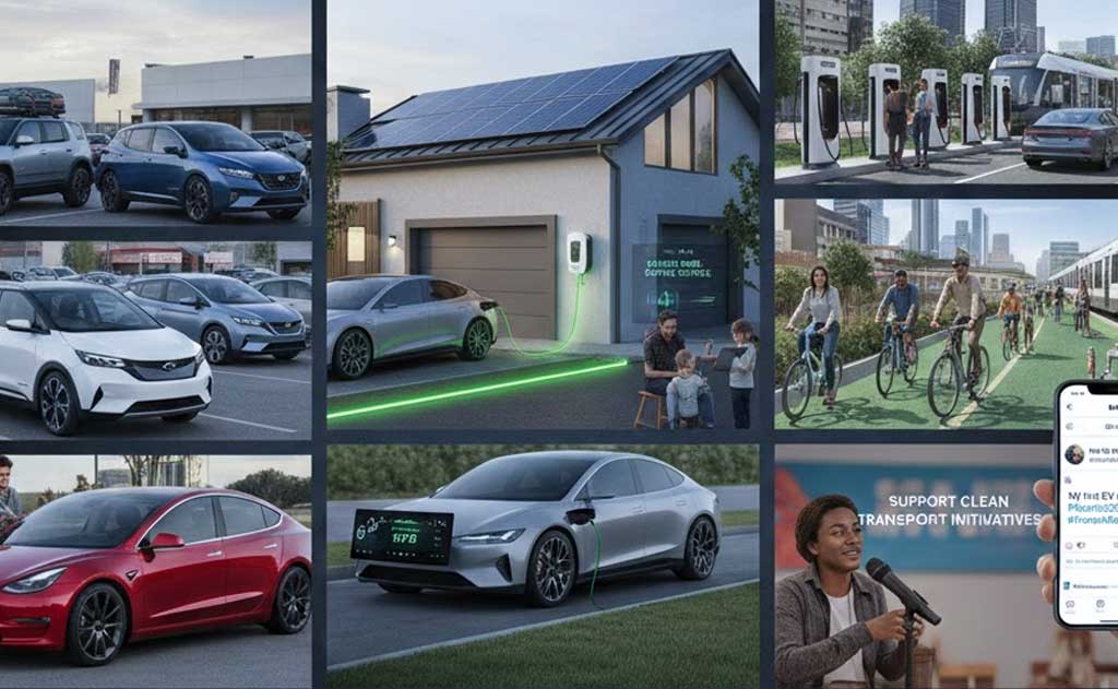 Electric vehicle resolutions for 2026 showing modern EVs, home charging, solar energy, and sustainable transportation trends