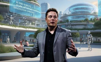Elon Musk discussing a future where AI and humanoid robots like Tesla Optimus make work optional in a post-scarcity economy