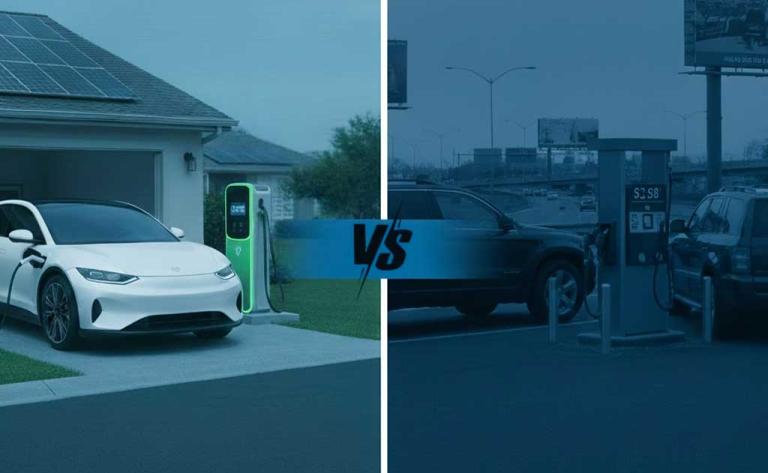 Comparison of EV charging costs versus gasoline prices in the USA in 2025, showing home charging savings compared to gas station fuel expenses
