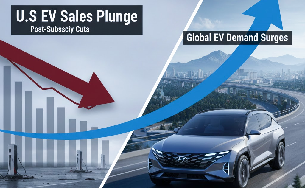 Late 2025 EV market showing U.S. sales slowdown after subsidy cuts, global EV growth, and Hyundai teasing its largest electric vehicle