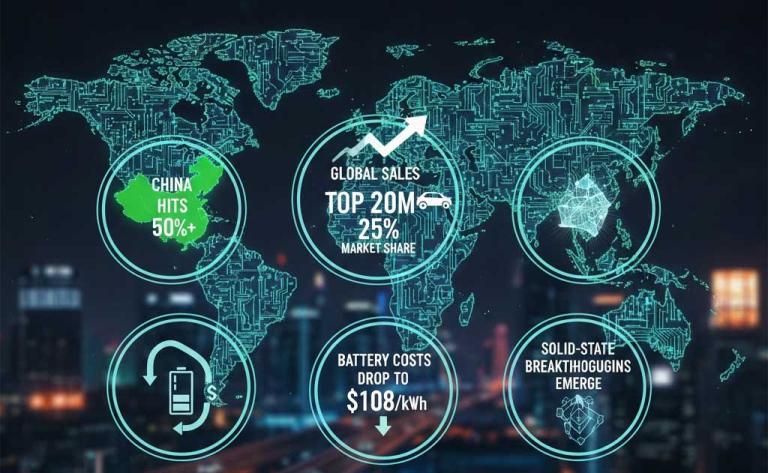 ALT: Electric vehicle trends 2025 showing global sales growth and market share