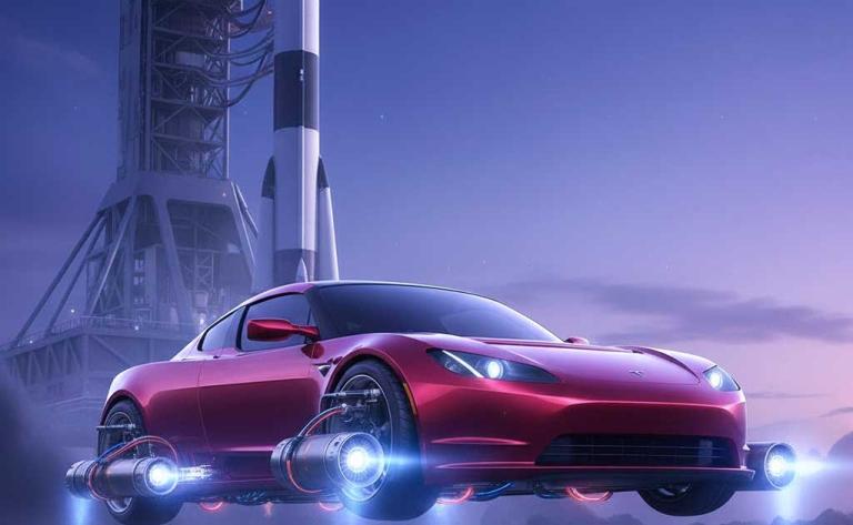 Illustration of Tesla Roadster with SpaceX cold gas thrusters lifting off, representing Elon Musk’s flying Tesla vision