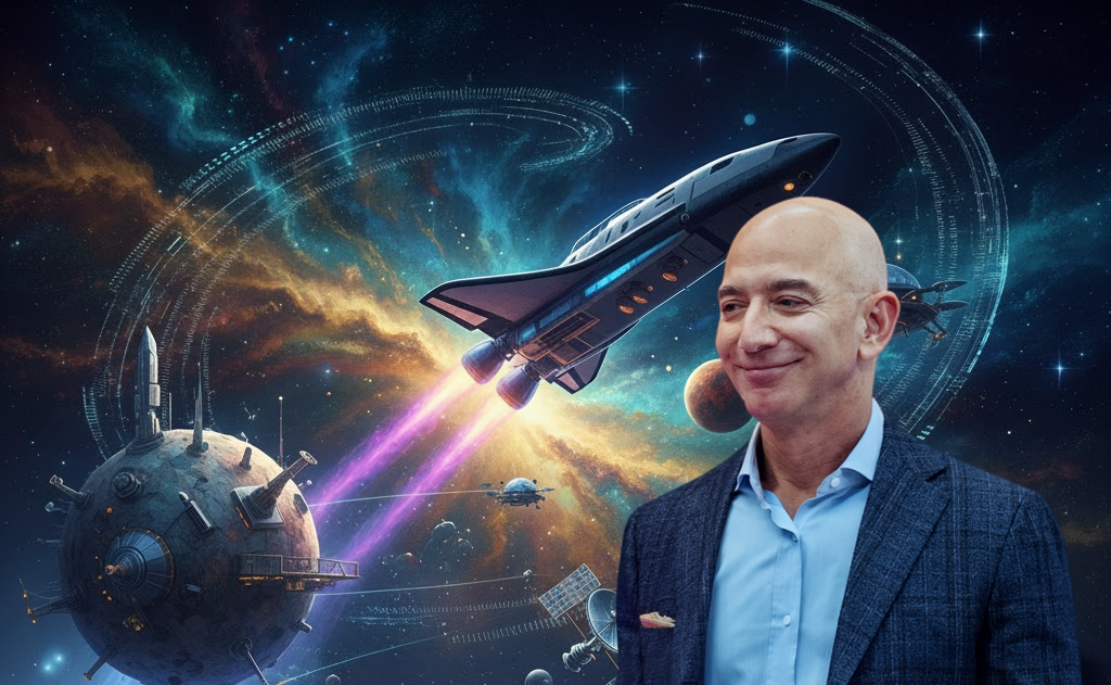 Jeff Bezos speaking about the convergence of AI, space travel, and robotics creating multiple technological golden ages