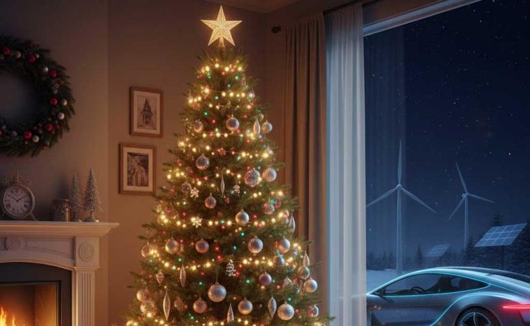 Merry Christmas 2025 illustration showing AI technology, electric vehicles, solar panels, and wind turbines symbolizing a sustainable future