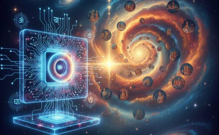 Quantum computing visualization blended with ancient Hindu Vedantic symbols representing superposition, multiverse theory, and universal consciousness