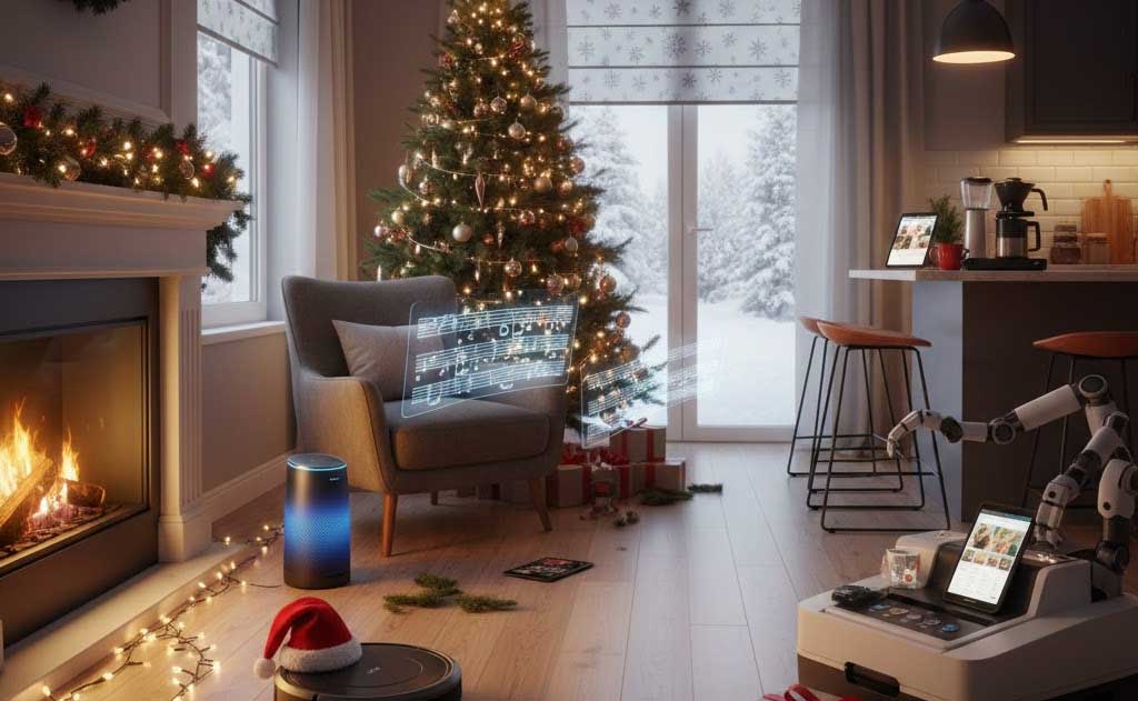 Smart home technology at Christmas using smart lighting, voice assistants, and home security to make holiday preparations easier