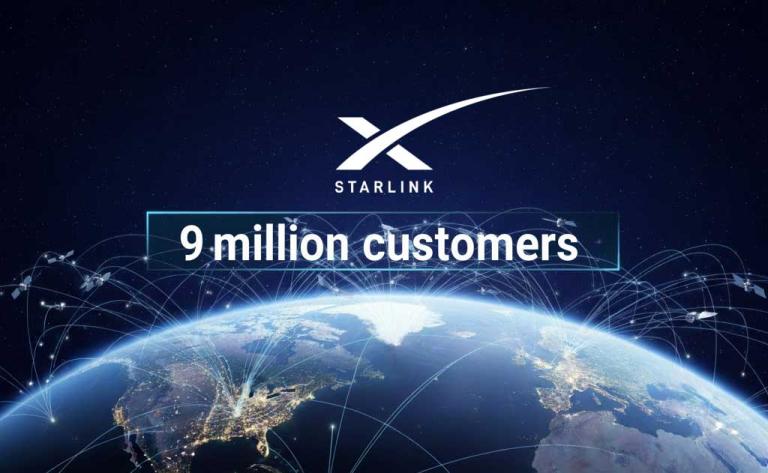 Starlink satellites orbiting Earth representing global internet connectivity milestone of 9 million active users in 2025