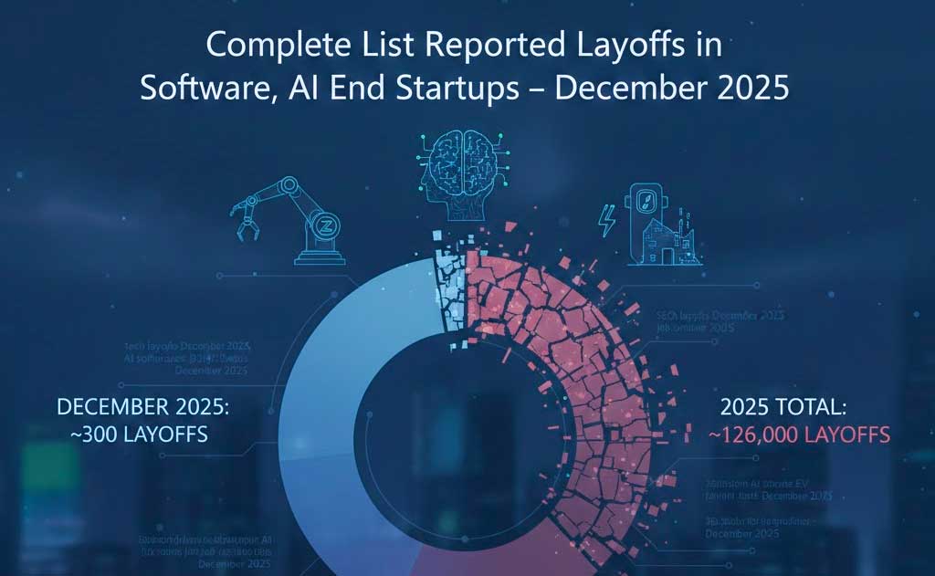 Tech layoffs in December 2025 affecting software, AI, robotics, and startup companies including Amazon and Zebra Technologies