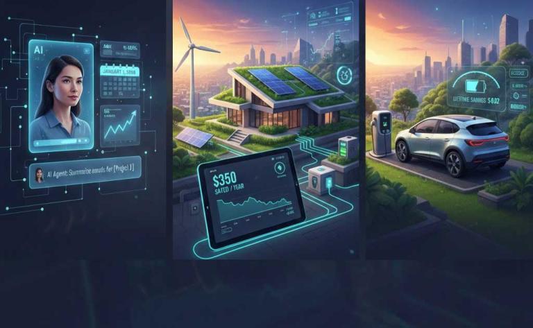 Tech-powered New Year’s resolutions for 2026 featuring AI productivity tools, green technology, and electric vehicles