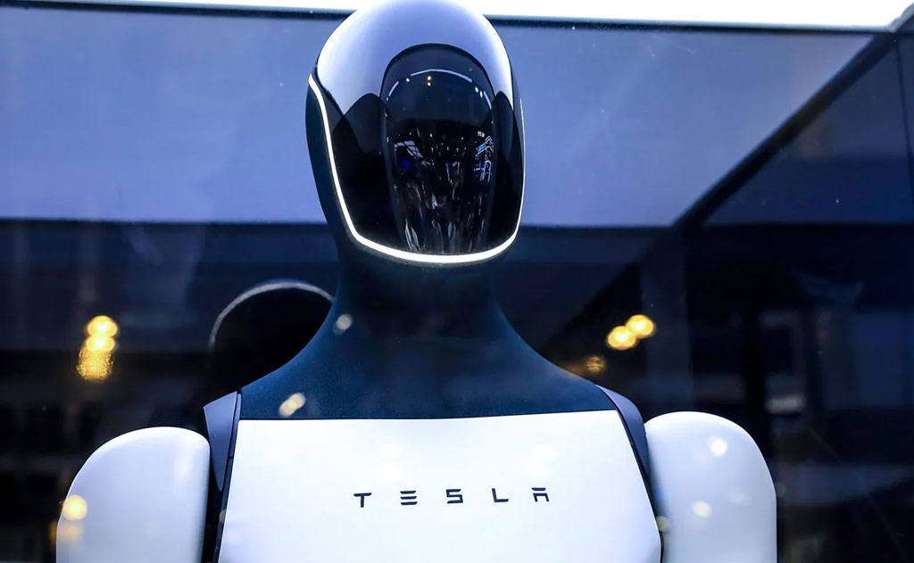 Tesla Optimus humanoid robot performing household chores like cleaning, folding laundry, and cooking in a modern home