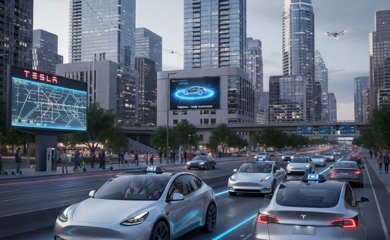 Tesla Robotaxi operating autonomously in Austin with Cybercab concept highlighting the future of driverless mobility