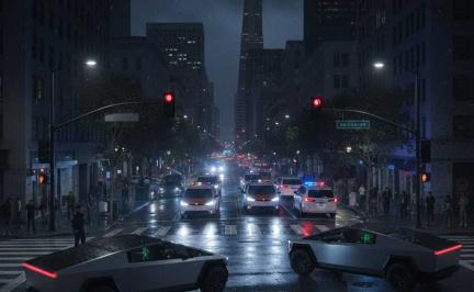 Tesla Robotaxi navigating San Francisco streets during 2025 power outage, showcasing Full Self-Driving resilience compared to stalled Waymo vehicles.