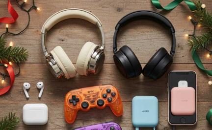 Top trending gadgets of December 2025 including AirPods 4, noise-canceling headphones, retro controllers, and portable chargers