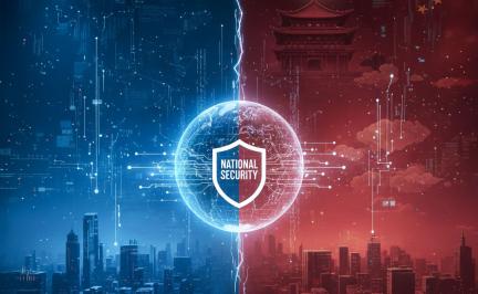 Quantum computer with military and cybersecurity overlay showing encryption and defense applications.