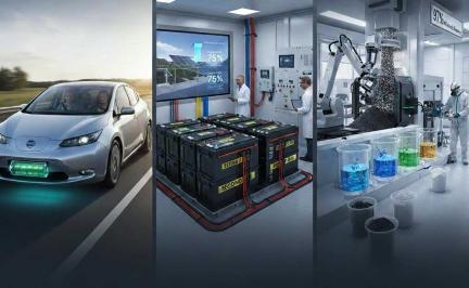 Electric vehicle battery recycling process showing second-life energy storage and material recovery after 10 years of use