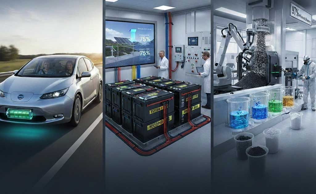 Electric vehicle battery recycling process showing second-life energy storage and material recovery after 10 years of use