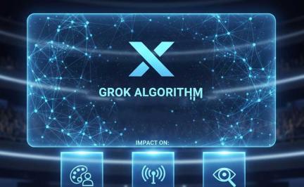 Conceptual illustration representing AI-driven social media recommendations and the open-sourcing of X’s Grok algorithm in 2026