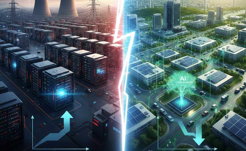 AI data centers and smart energy systems illustrating how artificial intelligence increases electricity demand while optimizing energy efficiency in 2026