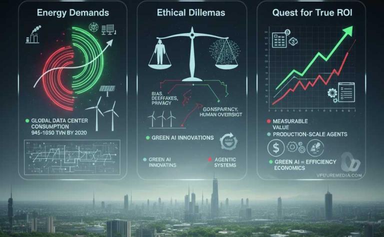 Illustration showing AI data centers, renewable energy, ethical decision-making, and enterprise ROI challenges in 2026