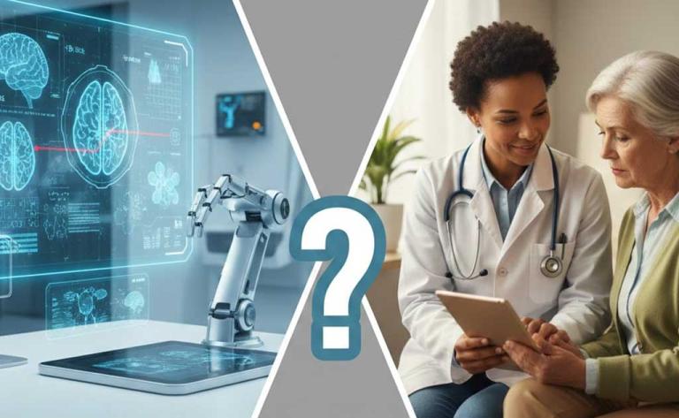 AI-powered medical systems analyze scans and patient data while human doctors oversee diagnosis in hospitals in 2026