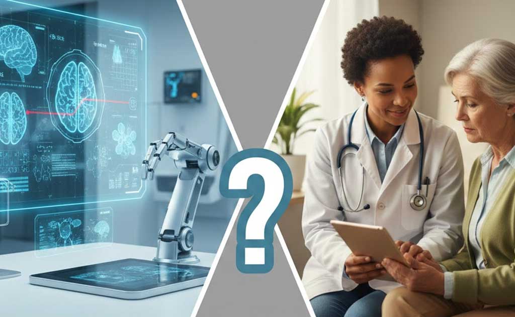 AI-powered medical systems analyze scans and patient data while human doctors oversee diagnosis in hospitals in 2026