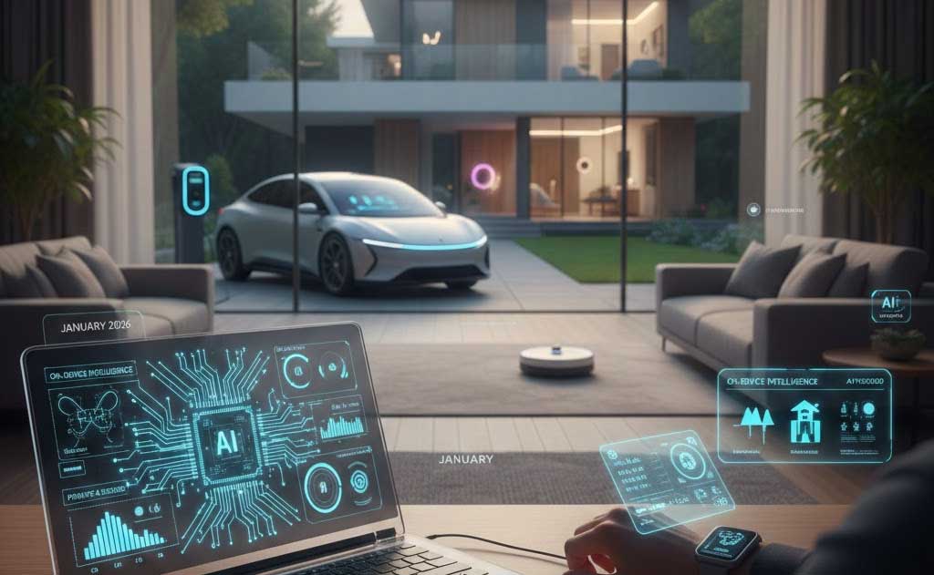 AI embedded in everyday life showcased at CES 2026 powering laptops, cars, smart homes, and wearables