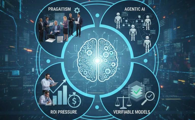 AI in 2026 showing pragmatic adoption with agentic AI, ROI focus, and verifiable intelligence models