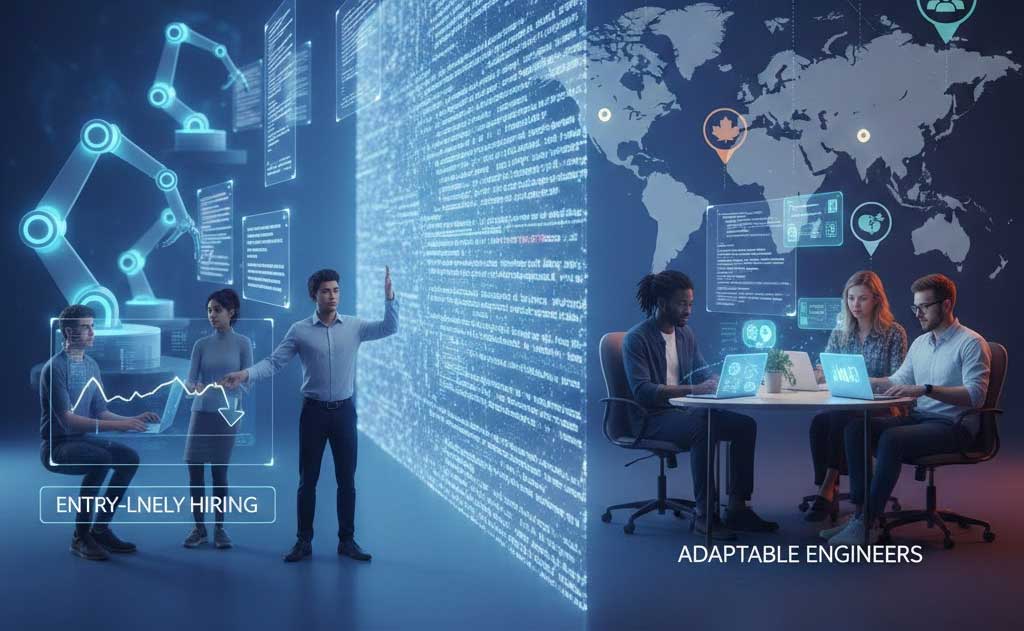 AI replacing junior developers in 2026 showing impact on entry level software engineers in USA UK Canada and India