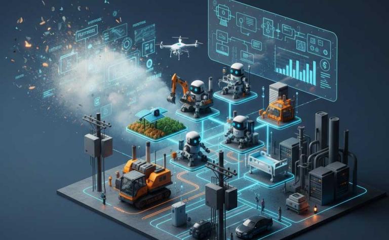 AI trends in 2026 showing agentic AI, edge computing, robotics, and real-world enterprise applications