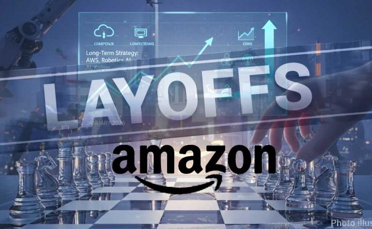 Amazon headquarters representing corporate layoffs and long-term AI-driven strategy shift in 2026