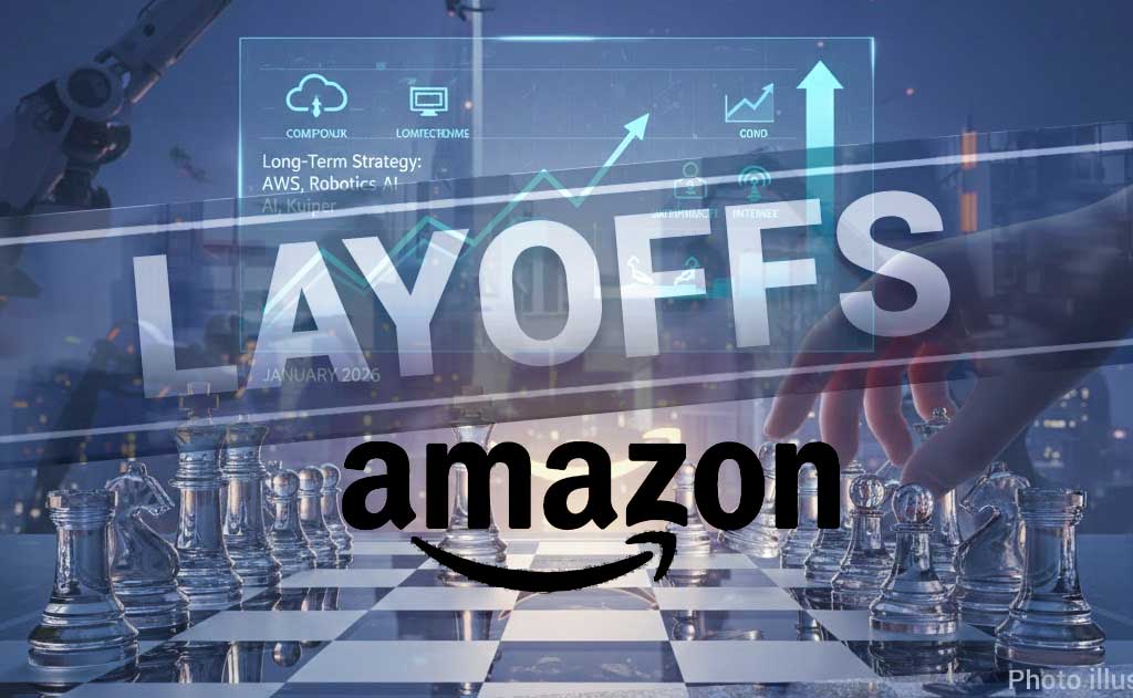 Amazon headquarters representing corporate layoffs and long-term AI-driven strategy shift in 2026