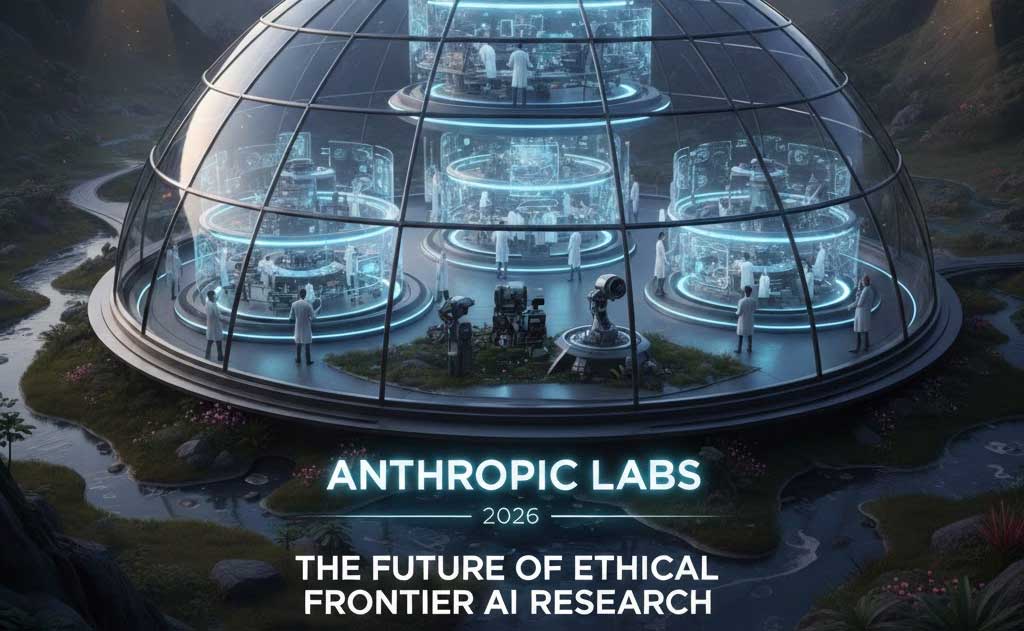 Anthropic Labs secure research facility showcasing ethical frontier AI development for healthcare, climate modeling, and safe AI innovation in 2026